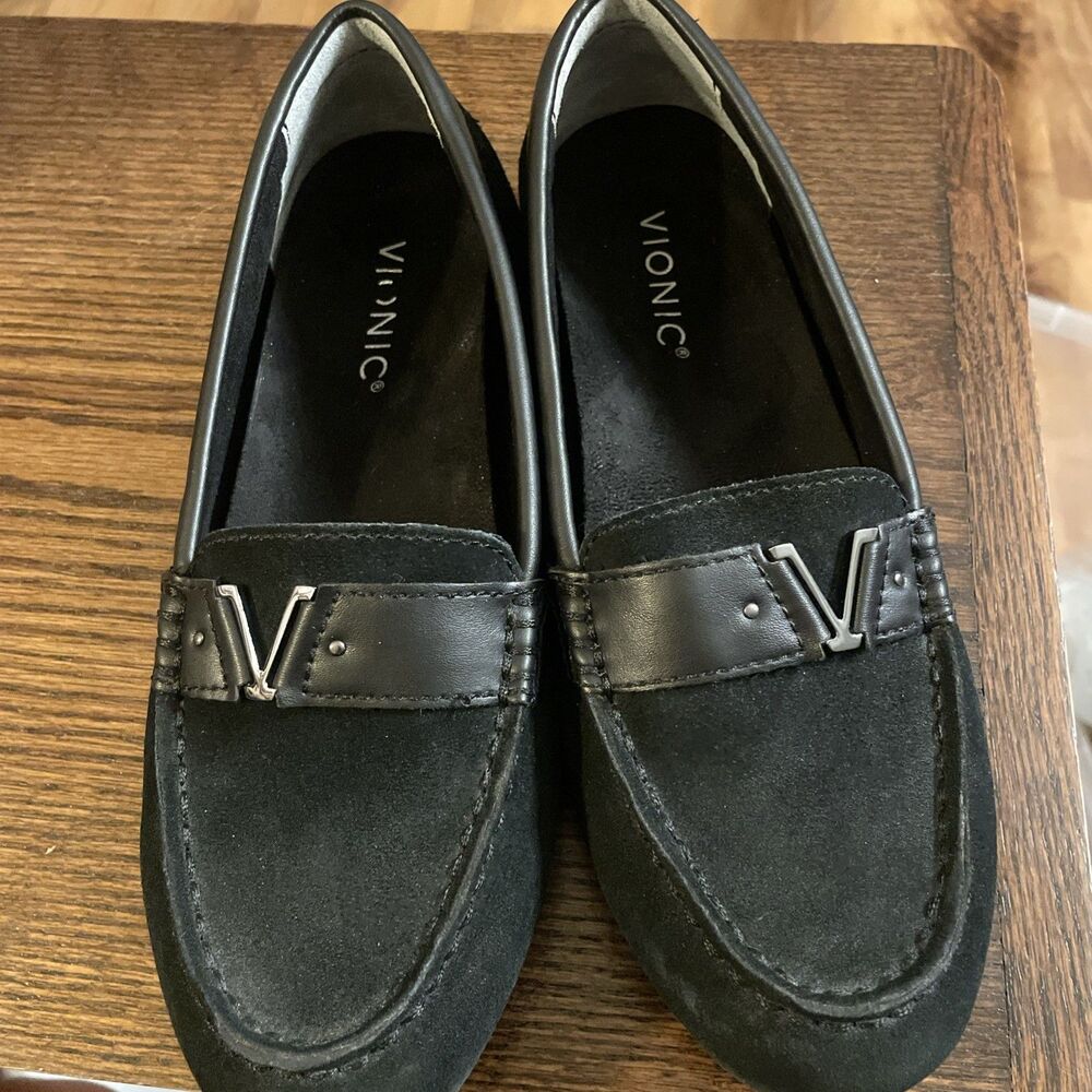 Vionic Hilo Driving Moccasin 7 Black Leather Suede Slip On Orthotic Loafers